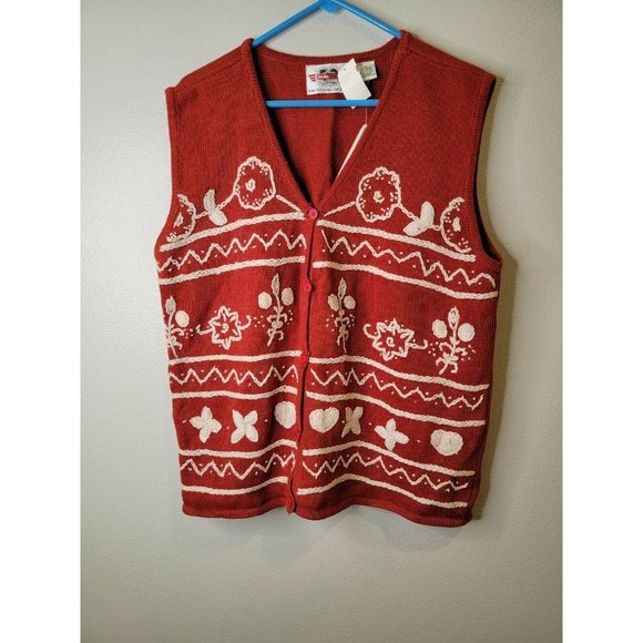 Vintage 90's Size 2X Women's Sweater Vest Burnt Orange Floral Embroidered Top - Picture 2 of 6